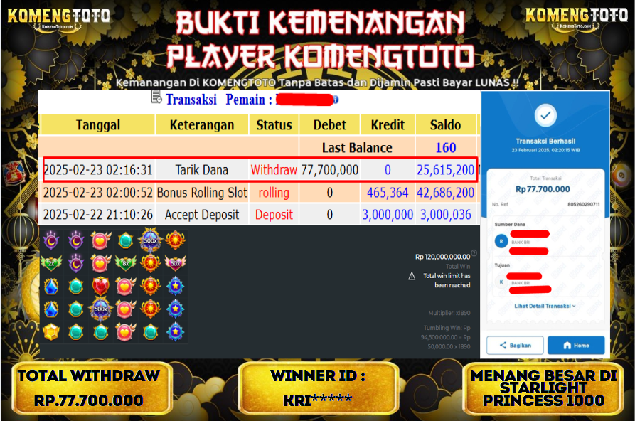 LAGI & LAGI!! KEMENANGAN BESAR DI SLOT  STARLIGHT PRINCES 1000 SEBESAR Rp.77.700.000 KOMENGTOTO BAYAR LUNAS SECEPAT KILAT !! KOMENGTOTO BAYAR SECEPAT KILAT !!