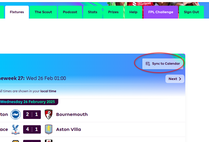 calendar synchronization for Fantasy Premier League FPL