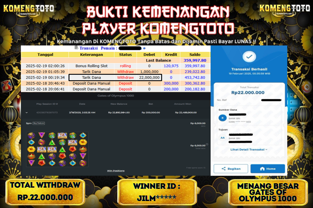 LAGI & LAGI!! KEMENANGAN BESAR DI SLOT  GATES OF OLYMPUS 1000  SEBESAR Rp.22.000.000 KOMENGTOTO BAYAR LUNAS SECEPAT KILAT !! KOMENGTOTO BAYAR SECEPAT KILAT !!