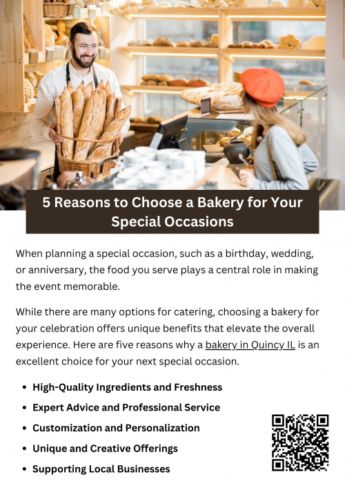 Choosing a bakery for special occasions offers personalization, high-quality ingredients, and creative options. Bakeries in Quincy IL provide unique designs and flavors tailored to your event, ensuring fresh, flavorful treats. Expert advice and professional service ensure a smooth experience while supporting local businesses boosts the community. A bakery’s attention to detail makes it the perfect choice for memorable celebrations. To know more visit here https://www.niemanns.com/stores/quincy-illinois-62301-473/