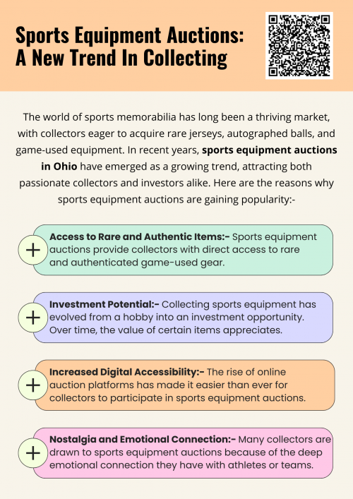 Sports equipment auctions in Ohio have transformed collecting into a dynamic and highly competitive marketplace. Whether for sentimental reasons, investment opportunities, or historical appreciation, collectors are increasingly turning to auctions to secure valuable sports memorabilia. With digital accessibility and rising interest, this trend is set to continue growing, making sports auctions an exciting new frontier for collectors and investors alike. To know more visit here https://www.wyethauctions.com/industries/entertainment-and-sports-memorabilia