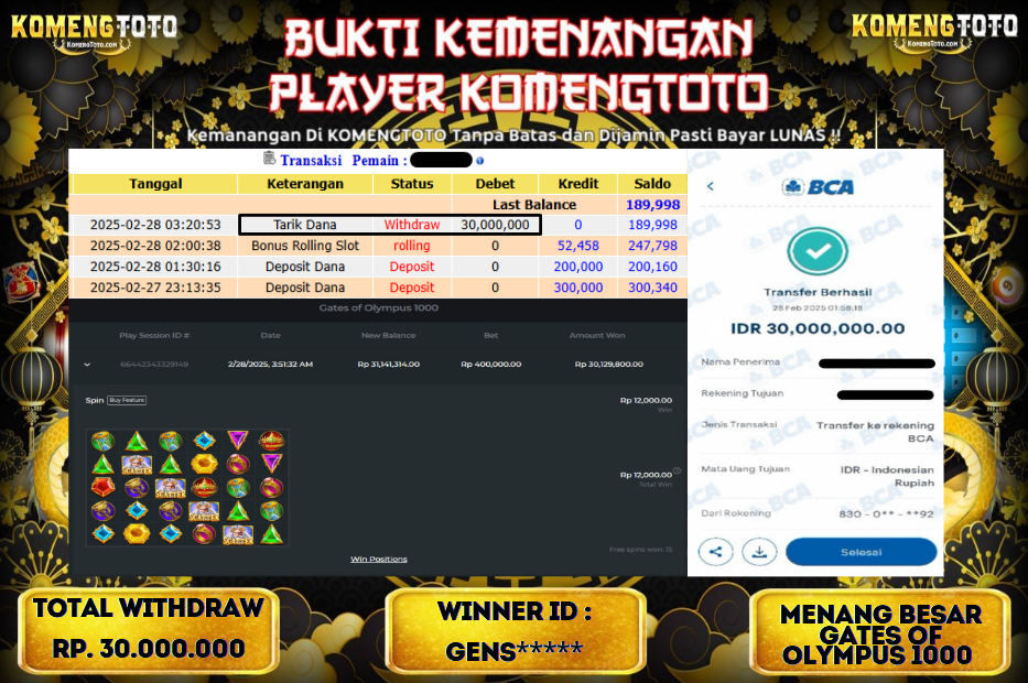 LAGI & LAGI!! KEMENANGAN BESAR DI SLOT  GATES OF OLYMPUS 1000  SEBESAR Rp.30.000.000 KOMENGTOTO BAYAR LUNAS SECEPAT KILAT !! KOMENGTOTO BAYAR SECEPAT KILAT !!