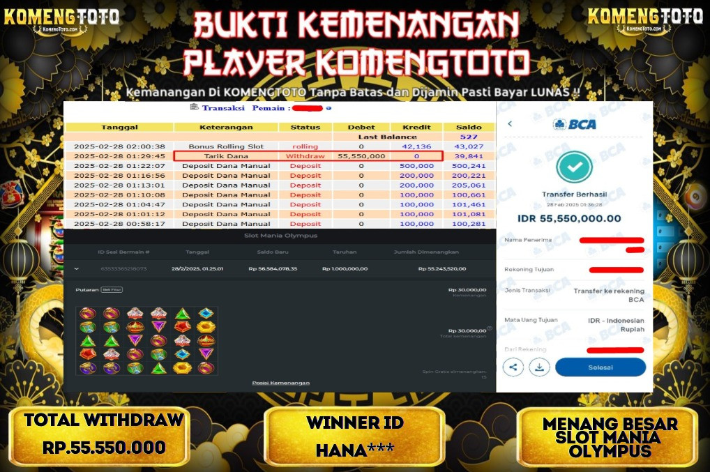 LAGI & LAGI!! KEMENANGAN BESAR DI SLOT  SLOT MANIA OLYMPUS SEBESARp.55.550.000 KOMENGTOTO BAYAR LUNAS SECEPAT KILAT !! KOMENGTOTO BAYAR SECEPAT KILAT !!
