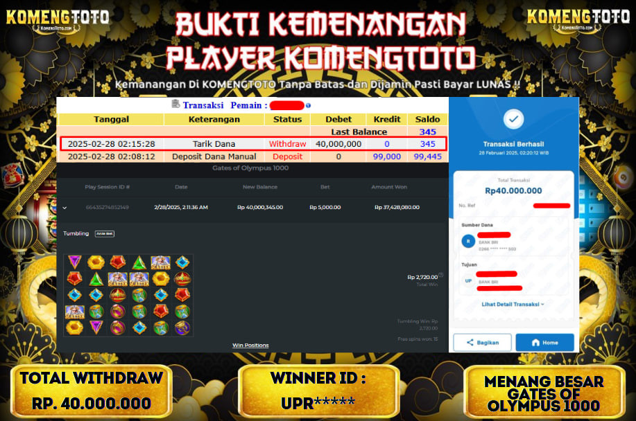 LAGI & LAGI!! KEMENANGAN BESAR DI SLOT  GATES OF OLYMPUS 1000  SEBESAR Rp.40.000.000 KOMENGTOTO BAYAR LUNAS SECEPAT KILAT !! KOMENGTOTO BAYAR SECEPAT KILAT !!