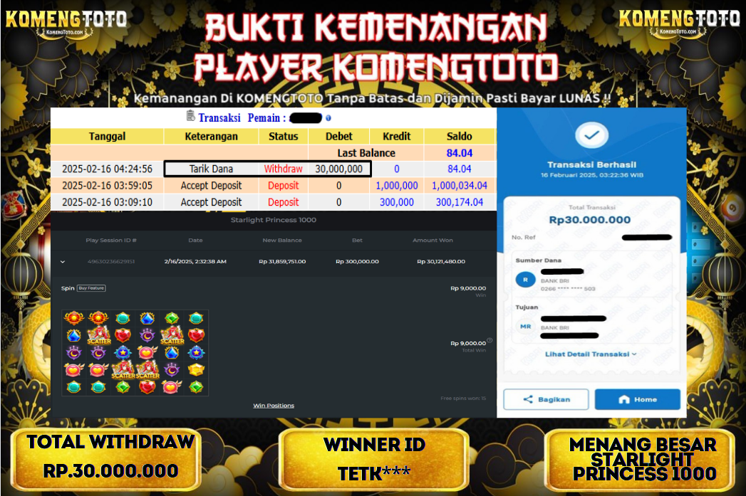 LAGI & LAGI!! KEMENANGAN BESAR DI SLOT  STARLIGHT PRINCES 1000 SEBESAR Rp.30.000.000 KOMENGTOTO BAYAR LUNAS SECEPAT KILAT !! KOMENGTOTO BAYAR SECEPAT KILAT !!