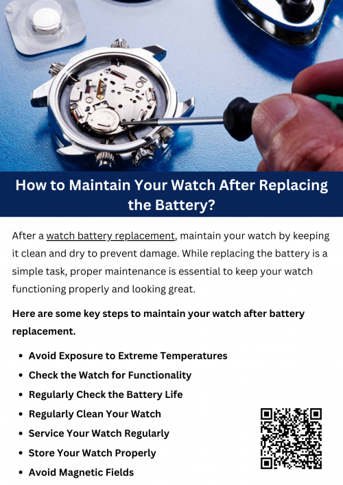 After a watch battery replacement, maintain your watch by keeping it clean and dry to prevent damage. Avoid exposing it to extreme temperatures, moisture, or strong magnetic fields that could affect performance. Regularly check the seals and gaskets for water resistance, especially in waterproof models. Store your watch in a protective case when not in use to prevent scratches and ensure long-lasting functionality. To know more visit here https://www.futerbrosjewelers.com/services/watch-battery-replacement