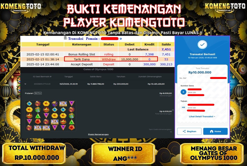 LAGI & LAGI!! KEMENANGAN BESAR DI SLOT  GATES OF OLYMPUS 1000 SEBESAR Rp.10.000.000 KOMENGTOTO BAYAR LUNAS SECEPAT KILAT !! KOMENGTOTO BAYAR SECEPAT KILAT !!
