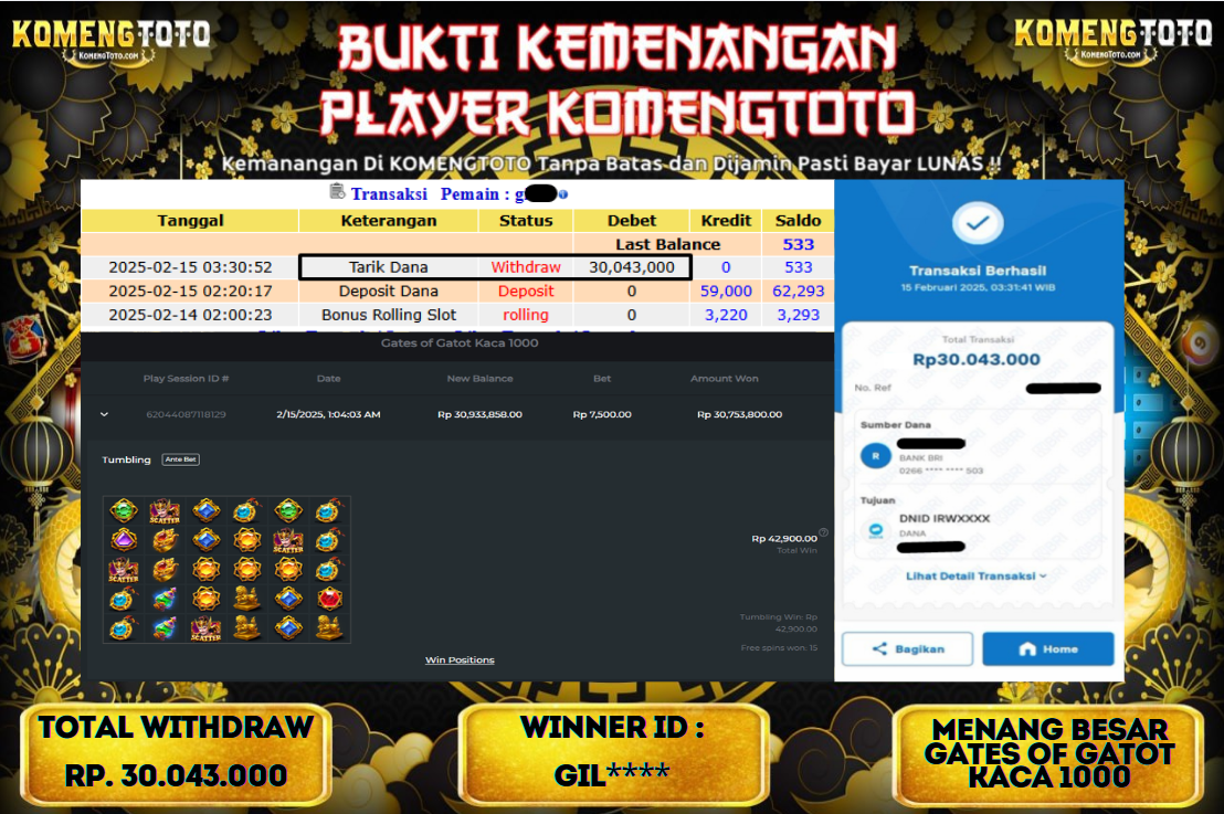 LAGI & LAGI!! KEMENANGAN BESAR DI SLOT  GATES OF GATOT KACA  1000  SEBESAR Rp.30.043.000 KOMENGTOTO BAYAR LUNAS SECEPAT KILAT !! KOMENGTOTO BAYAR SECEPAT KILAT !!