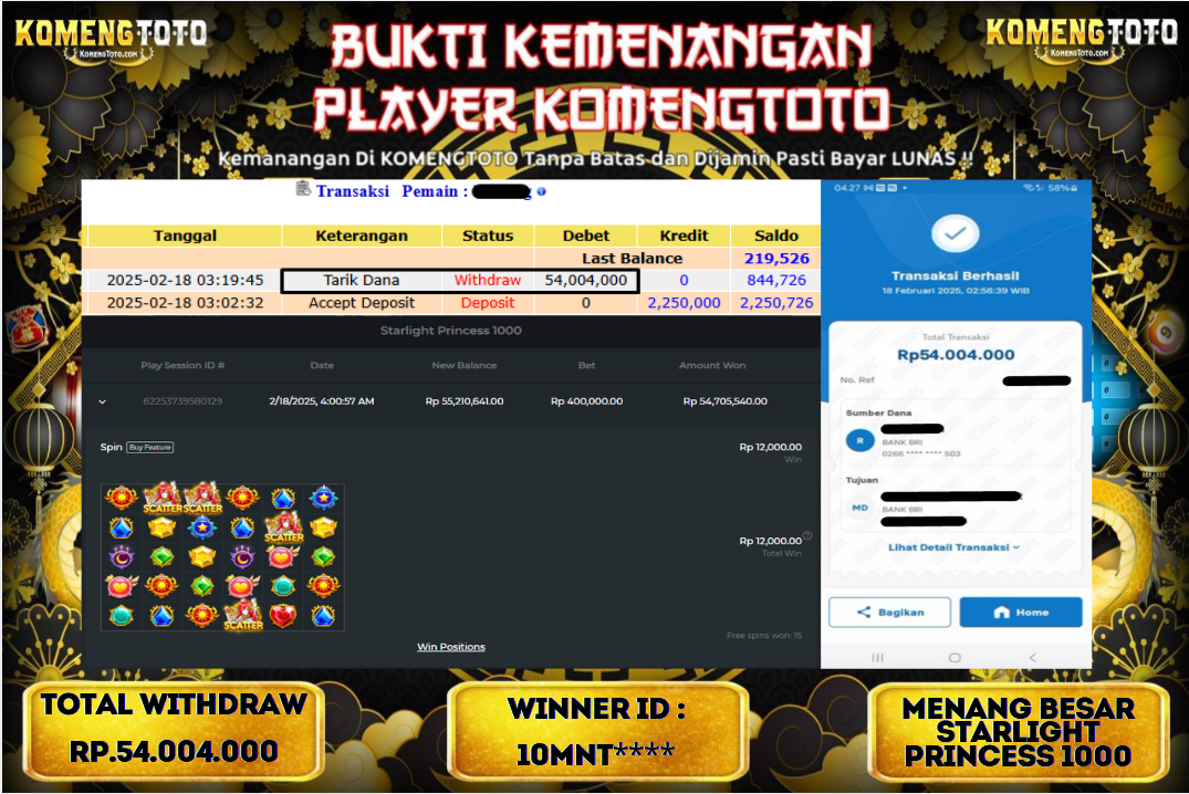 LAGI & LAGI!! KEMENANGAN BESAR DI SLOT  STARLIGHT PRINCES 1000 SEBESAR Rp.54.004.000 KOMENGTOTO BAYAR LUNAS SECEPAT KILAT !! KOMENGTOTO BAYAR SECEPAT KILAT !!