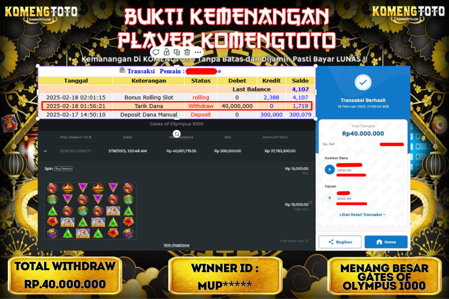 LAGI & LAGI!! KEMENANGAN BESAR DI SLOT  GATES OF OLYMPUS 1000  SEBESAR Rp.40.000.000 KOMENGTOTO BAYAR LUNAS SECEPAT KILAT !! KOMENGTOTO BAYAR SECEPAT KILAT !!