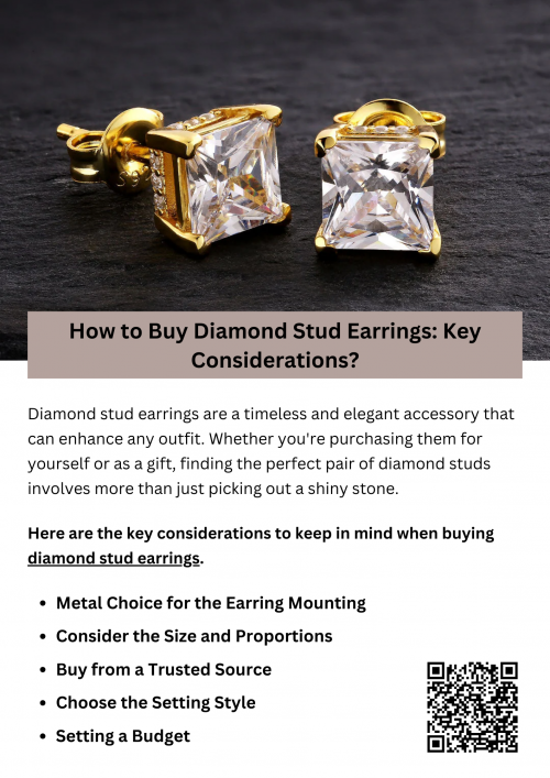 When buying diamond stud earrings, consider the 4 Cs: cut, clarity, carat, and color, as they determine the quality and brilliance of the diamonds. Choose a metal type, such as gold or platinum, that complements your style. Pay attention to the earring setting for durability and comfort. Ensure the backings are secure, and purchase from a reputable jeweler to guarantee authenticity and value. To know more visit here https://www.futerbrosjewelers.com/jewelry/earrings/diamond-earrings