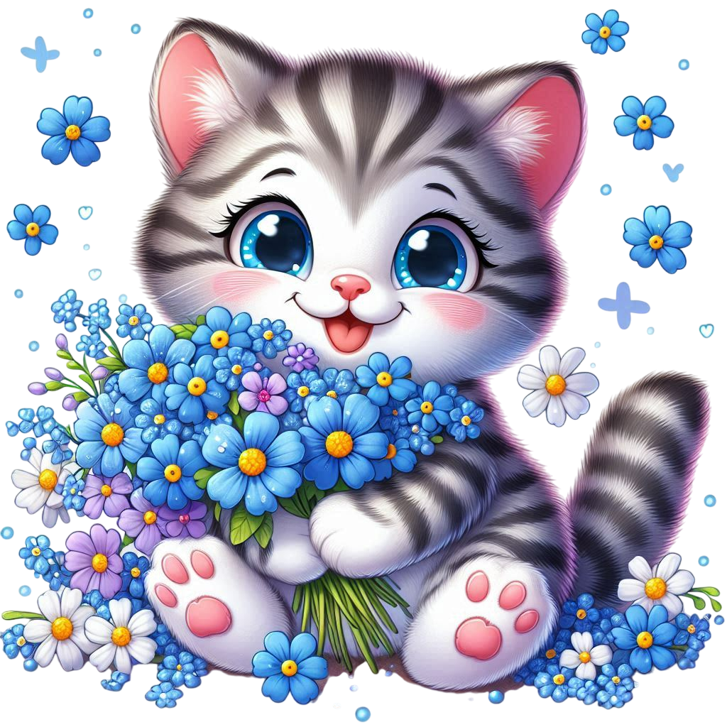 cartoon smiling striped kitten, bouquet of flowers, forget me nots and cornflowers in5 paws, fine sn