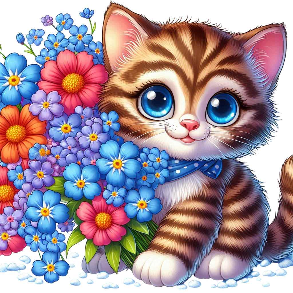 cartoon smiling striped kitten, bouquet of flowers, forget me nots and cornflowers in paws, fine sno