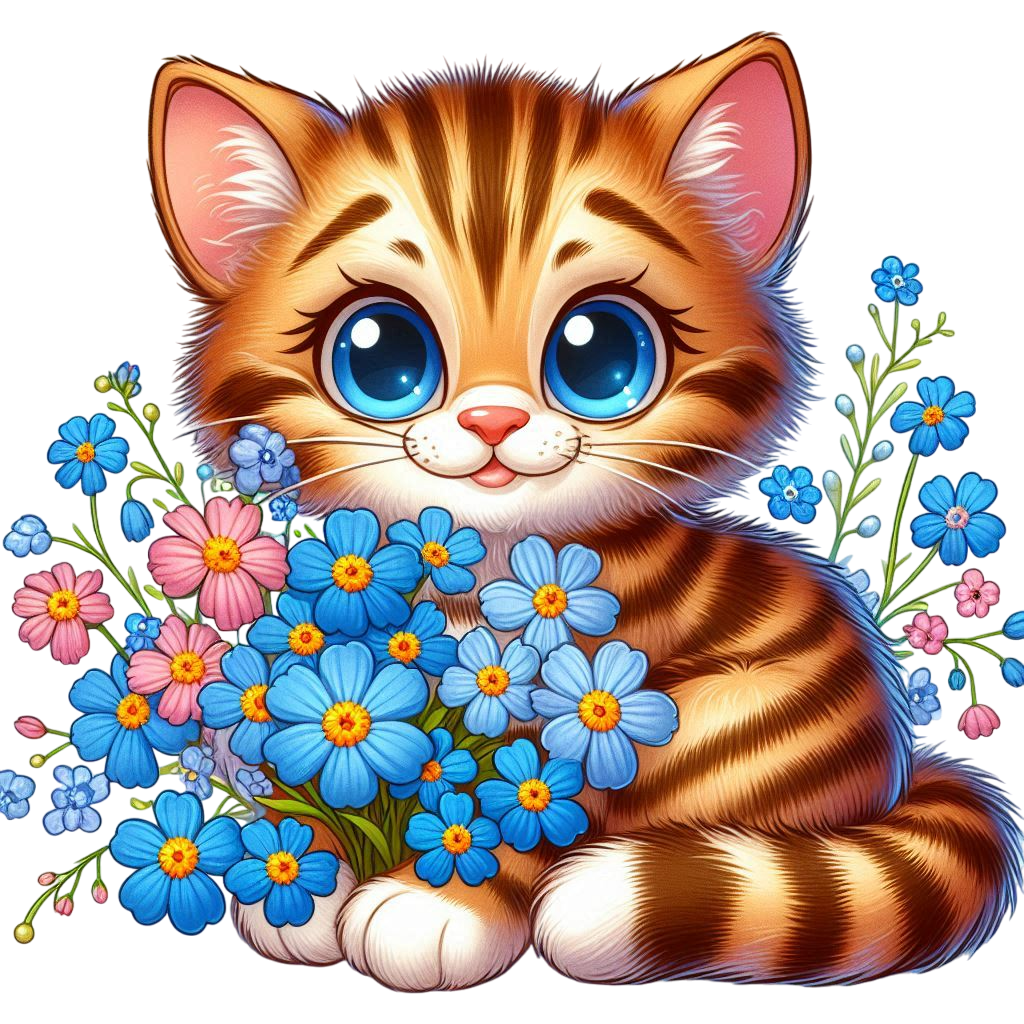 cartoon smiling striped kitten, bouquet of flowers, forget me nots and cornflowers in paws, fine sno