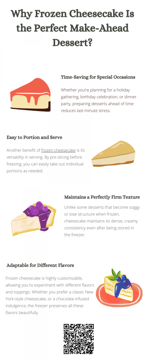 Frozen cheesecake is the ultimate make-ahead dessert, offering convenience, longevity, and a consistently delicious texture. It saves time, is easy to serve in portions, and allows endless flavor variations. Whether you’re preparing for a special event or just want a ready-to-eat indulgence, frozen cheesecake is the perfect solution to satisfy your sweet cravings anytime. To know more visit here https://cravnflavor.com/product/cravn-flavor-new-york-style-classic-cheesecake-24-oz/