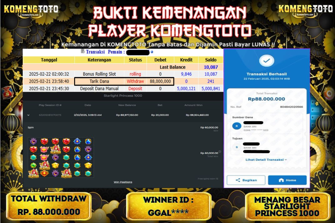 LAGI & LAGI!! KEMENANGAN BESAR DI SLOT  STARLIGHT PRINCES 1000 SEBESAR Rp.88.000.000 KOMENGTOTO BAYAR LUNAS SECEPAT KILAT !! KOMENGTOTO BAYAR SECEPAT KILAT !!