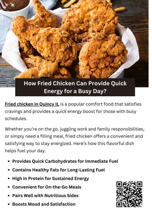 Fried chicken in Quincy, IL, provides quick energy for a busy day with its high protein content, quick-digesting carbohydrates, and healthy fats. It offers sustained fuel, keeping you full and energized. Its convenience makes it an easy on-the-go meal, while its satisfying taste boosts mood. Pairing it with nutritious sides enhances its benefits, making it a flavorful and energizing choice. To know more visit here https://www.niemanns.com/stores/quincy-illinois-62301-473/