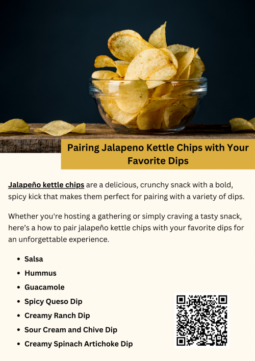 Jalapeno kettle chips offer a crunchy, spicy base that pairs perfectly with various dips. Try pairing them with creamy ranch for a cooling contrast, or guacamole for a smooth, flavorful balance. For a tangy option, pair with salsa or a spicy queso dip to complement the heat. These bold chips elevate any dip, adding an extra layer of crunch and spice. To know more visit here https://cravnflavor.com/product/cravn-flavor-kettle-cooked-jalapeno-flavored-potato-chips-8-oz/