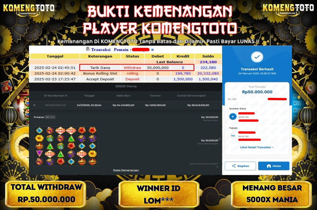 LAGI & LAGI!! KEMENANGAN BESAR DI SLOT SLOT 5000X MANIA SEBESAR Rp.50.000.000 KOMENGTOTO BAYAR LUNAS SECEPAT KILAT !! KOMENGTOTO BAYAR SECEPAT KILAT !!