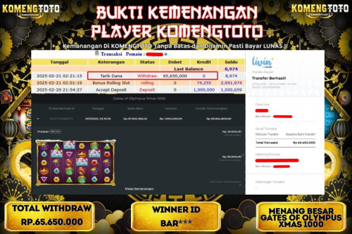 LAGI & LAGI!! KEMENANGAN BESAR DI SLOT  GATES OF OLYMPUS XMAS 1000 SEBESAR Rp.65.650.000  KOMENGTOTO BAYAR LUNAS SECEPAT KILAT !! KOMENGTOTO BAYAR SECEPAT KILAT !!