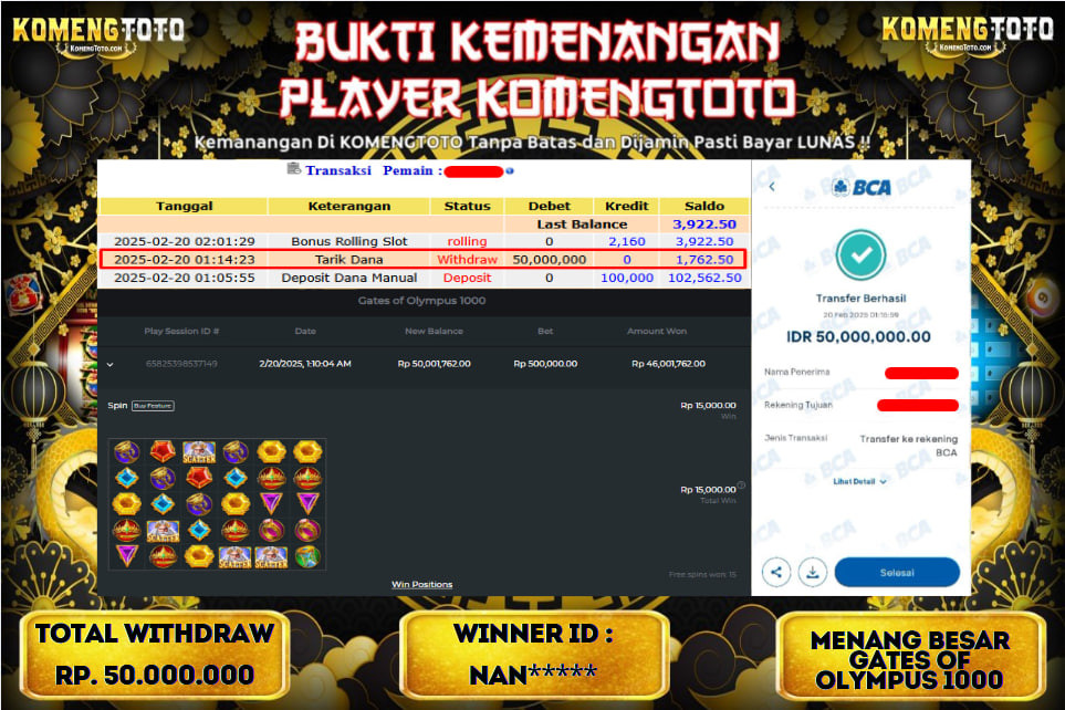 LAGI & LAGI!! KEMENANGAN BESAR DI SLOT  GATES OF OLYMPUS 1000  SEBESAR Rp.50.000.000 KOMENGTOTO BAYAR LUNAS SECEPAT KILAT !! KOMENGTOTO BAYAR SECEPAT KILAT !!