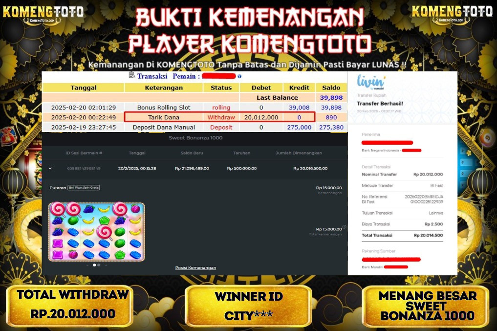 LAGI & LAGI!! KEMENANGAN BESAR DI SLOT  SWEET BONANZA 1000 SEBESAR Rp.20.012.000 KOMENGTOTO BAYAR LUNAS SECEPAT KILAT !! KOMENGTOTO BAYAR SECEPAT KILAT !!