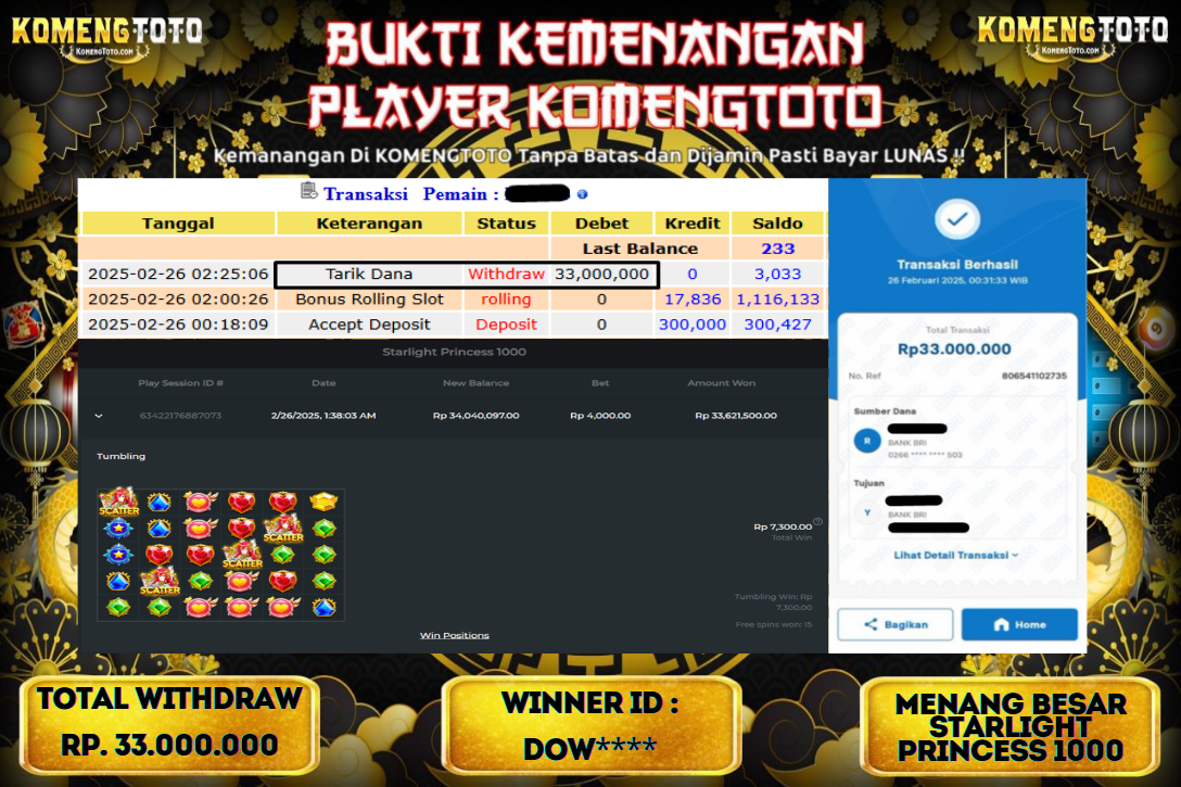 LAGI & LAGI!! KEMENANGAN BESAR DI SLOT  STARLIGHT PRINCES 1000 SEBESAR Rp.33.000.000 KOMENGTOTO BAYAR LUNAS SECEPAT KILAT !! KOMENGTOTO BAYAR SECEPAT KILAT !!