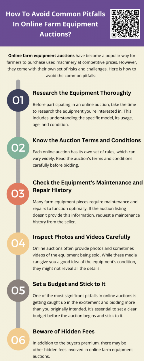 Online farm equipment auctions can be an excellent way to purchase machinery, but it's crucial to avoid common pitfalls. By doing thorough research, understanding the auction terms, and sticking to a budget, you can increase your chances of making a smart purchase. Taking the time to inspect the equipment, check its maintenance history, and be aware of additional fees will help you avoid costly mistakes and secure the best deal. To know more visit here https://www.wyethauctions.com/industries/farm-equipment
