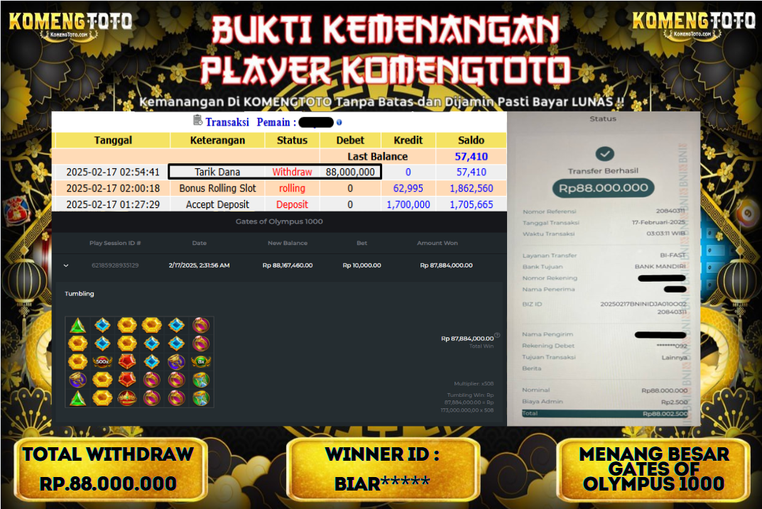 LAGI & LAGI!! KEMENANGAN BESAR DI SLOT  GATES OF OLYMPUS 1000  SEBESAR Rp.88.000.000 KOMENGTOTO BAYAR LUNAS SECEPAT KILAT !! KOMENGTOTO BAYAR SECEPAT KILAT !!