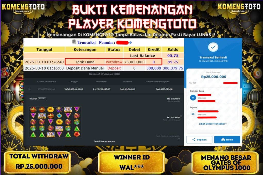 LAGI & LAGI!! KEMENANGAN BESAR DI SLOT  GATES OF OLYMPUS 1000  SEBESAR Rp.25.000.000 KOMENGTOTO BAYAR LUNAS SECEPAT KILAT !! KOMENGTOTO BAYAR SECEPAT KILAT !!