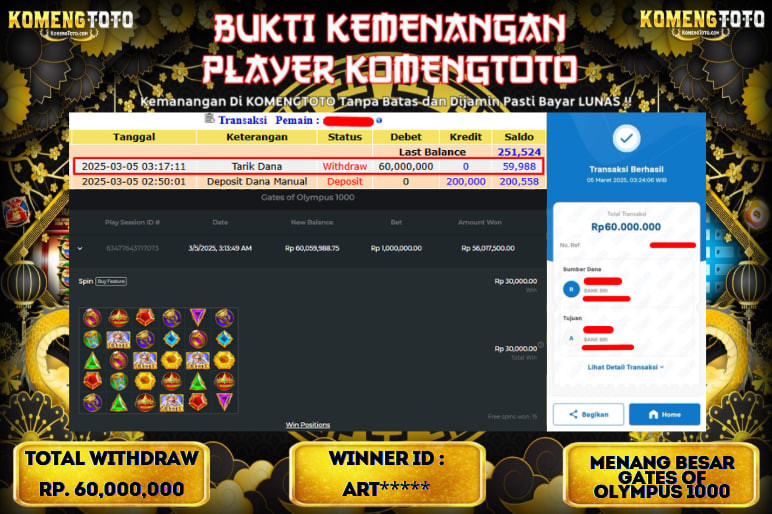 LAGI & LAGI!! KEMENANGAN BESAR DI SLOT  GATES OF OLYMPUS 1000  SEBESAR Rp.60.000.000 KOMENGTOTO BAYAR LUNAS SECEPAT KILAT !! KOMENGTOTO BAYAR SECEPAT KILAT !!