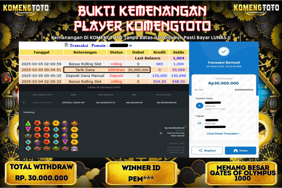 LAGI & LAGI!! KEMENANGAN BESAR DI SLOT  GATES OF OLYMPUS 1000  SEBESAR Rp.30.000.000 KOMENGTOTO BAYAR LUNAS SECEPAT KILAT !! KOMENGTOTO BAYAR SECEPAT KILAT !!