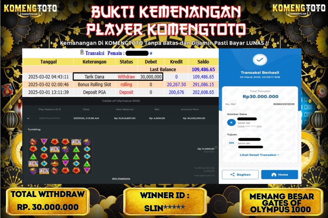 LAGI & LAGI!! KEMENANGAN BESAR DI SLOT  GATES OF OLYMPUS 1000  SEBESAR Rp.30.000.000 KOMENGTOTO BAYAR LUNAS SECEPAT KILAT !! KOMENGTOTO BAYAR SECEPAT KILAT !!