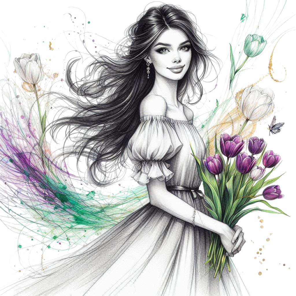 pencil drawing with added color, full length view from afar, happy beautiful girl in full height in