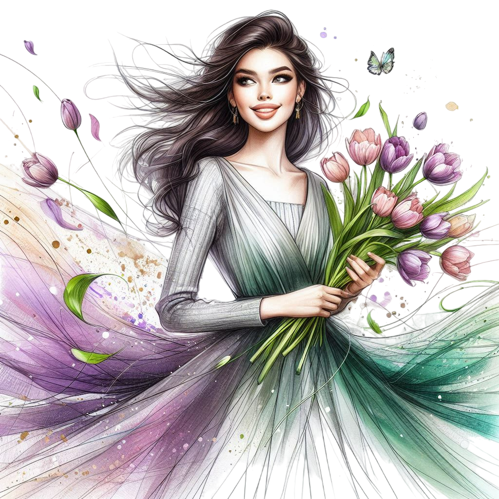 pencil drawing with added color, full length view from afar, happy beautiful girl in full height in