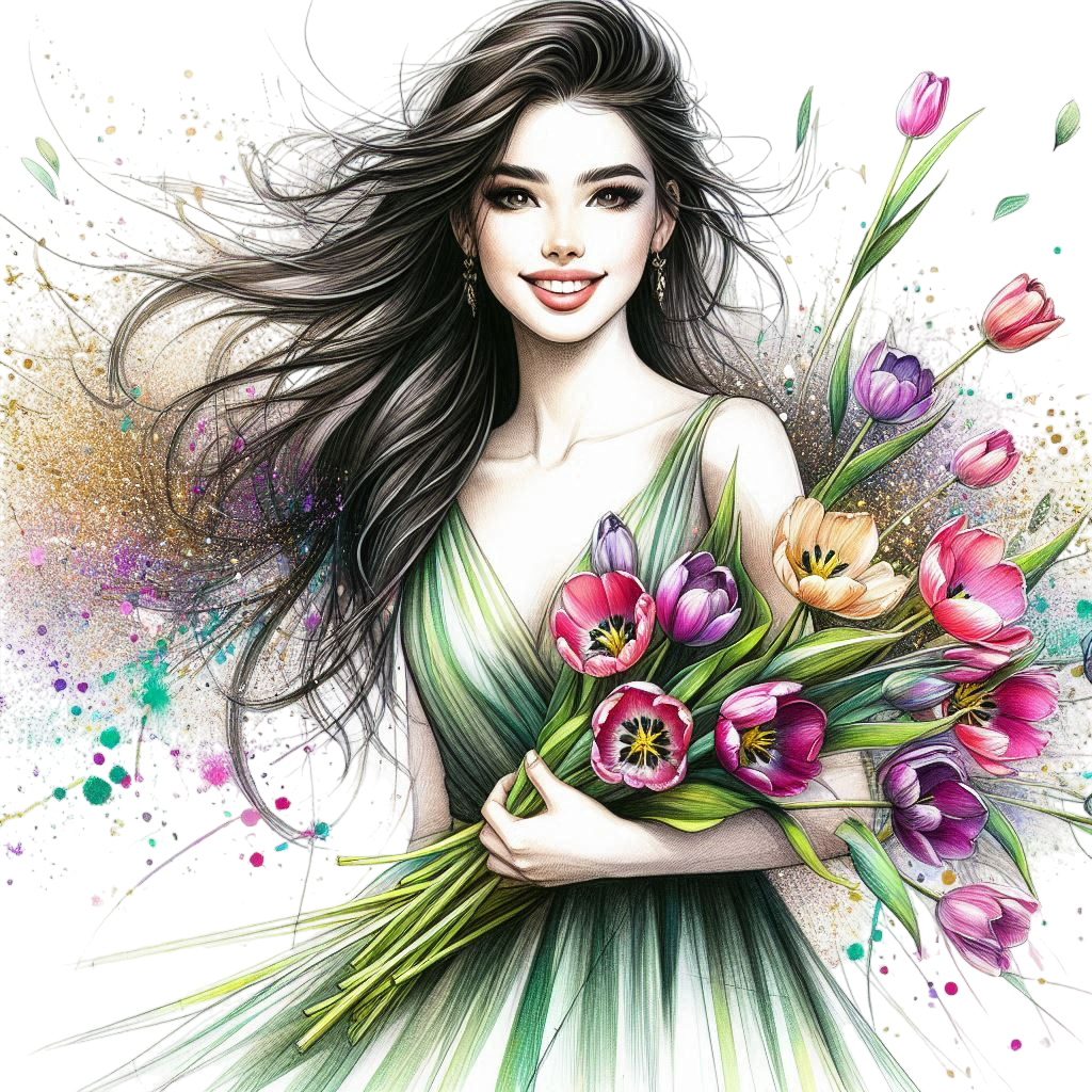 pencil drawing with added color, full length view from afar, happy beautiful girl in full height in