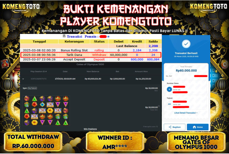LAGI & LAGI!! KEMENANGAN BESAR DI SLOT  GATES OF OLYMPUS 1000  SEBESAR Rp.60.000.000 KOMENGTOTO BAYAR LUNAS SECEPAT KILAT !! KOMENGTOTO BAYAR SECEPAT KILAT !!