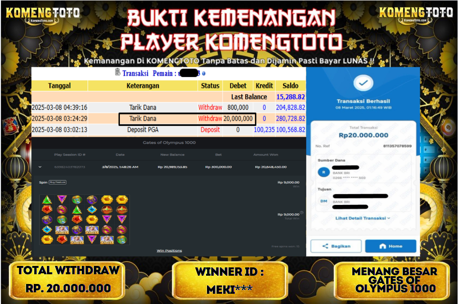 LAGI & LAGI!! KEMENANGAN BESAR DI SLOT  GATES OF OLYMPUS 1000  SEBESAR Rp.20.000.000 KOMENGTOTO BAYAR LUNAS SECEPAT KILAT !! KOMENGTOTO BAYAR SECEPAT KILAT !!