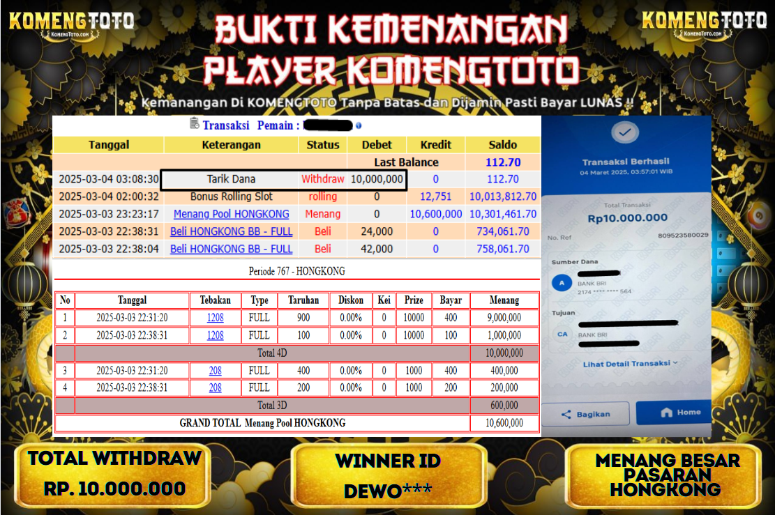 LAGI & LAGI!! KEMENANGAN BESAR DI PASARAN HONGKONG  SEBESAR Rp.10.000.000 KOMENGTOTO BAYAR LUNAS SECEPAT KILAT !! KOMENGTOTO BAYAR SECEPAT KILAT !!