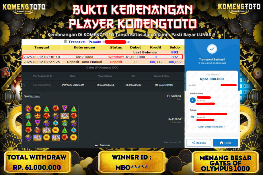 LAGI & LAGI!! KEMENANGAN BESAR DI SLOT  GATES OF OLYMPUS 1000  SEBESAR Rp.61.000.000 KOMENGTOTO BAYAR LUNAS SECEPAT KILAT !! KOMENGTOTO BAYAR SECEPAT KILAT !!