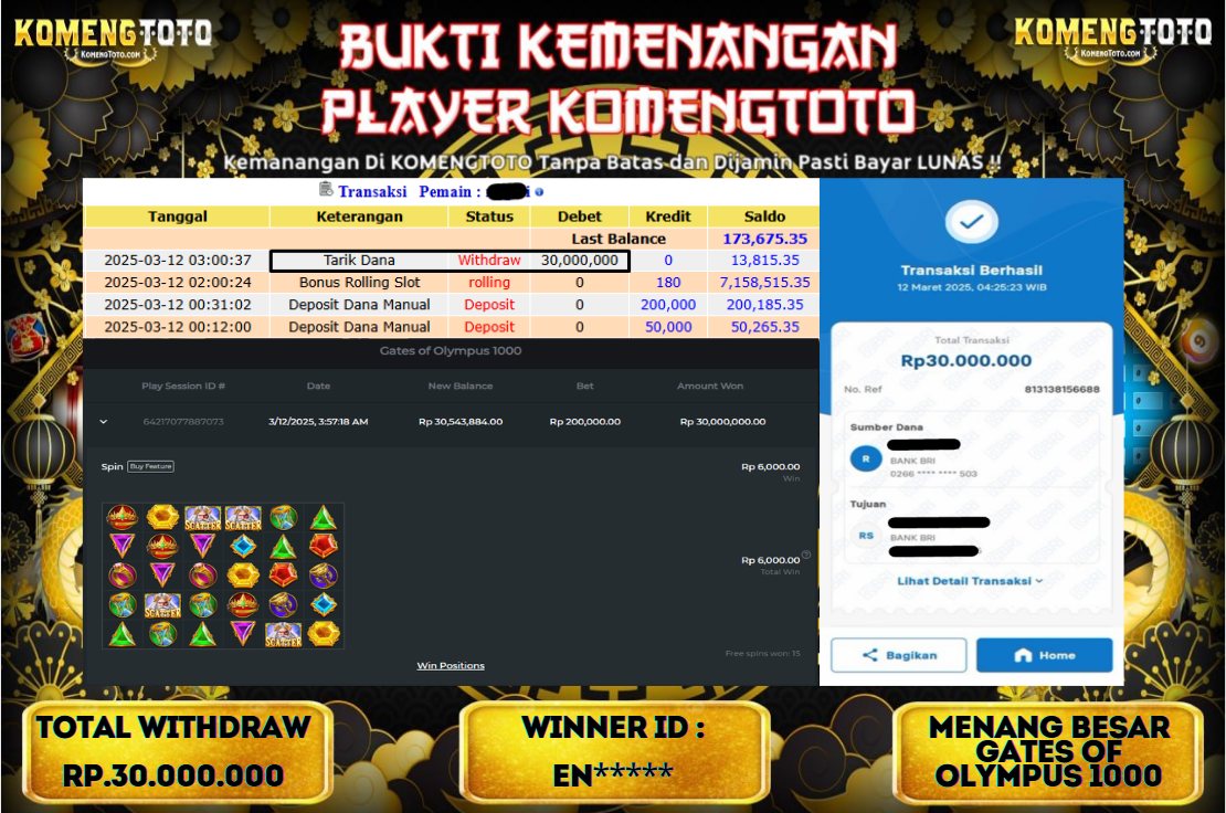 LAGI & LAGI!! KEMENANGAN BESAR DI SLOT  GATES OF OLYMPUS 1000  SEBESAR Rp.30.000.000 KOMENGTOTO BAYAR LUNAS SECEPAT KILAT !! KOMENGTOTO BAYAR SECEPAT KILAT !!