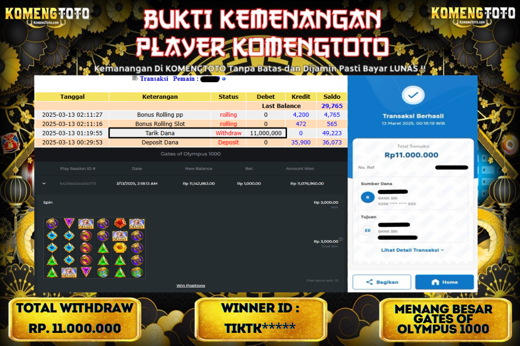 LAGI & LAGI!! KEMENANGAN BESAR DI SLOT  GATES OF OLYMPUS 1000  SEBESAR Rp.11.000.000 KOMENGTOTO BAYAR LUNAS SECEPAT KILAT !! KOMENGTOTO BAYAR SECEPAT KILAT !!