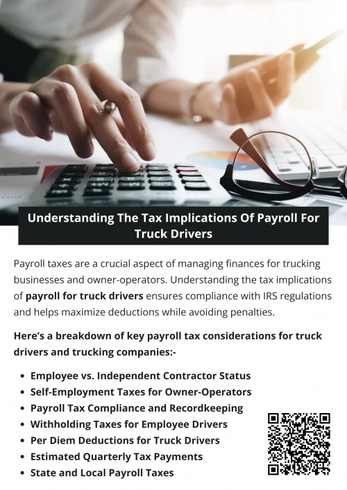 Truck driver payroll taxes include income tax withholding, Social Security, Medicare, and unemployment taxes. Owner-operators handle self-employment taxes, while company drivers have deductions managed by employers. Per diem allowances can reduce taxable income. Understanding payroll tax laws helps avoid penalties and maximize deductions. Consulting a trucking tax expert offering payroll for truck drivers ensures compliance and optimizes financial planning. To know more visit here https://www.truckersprocpa.ca/trucking-payroll-services