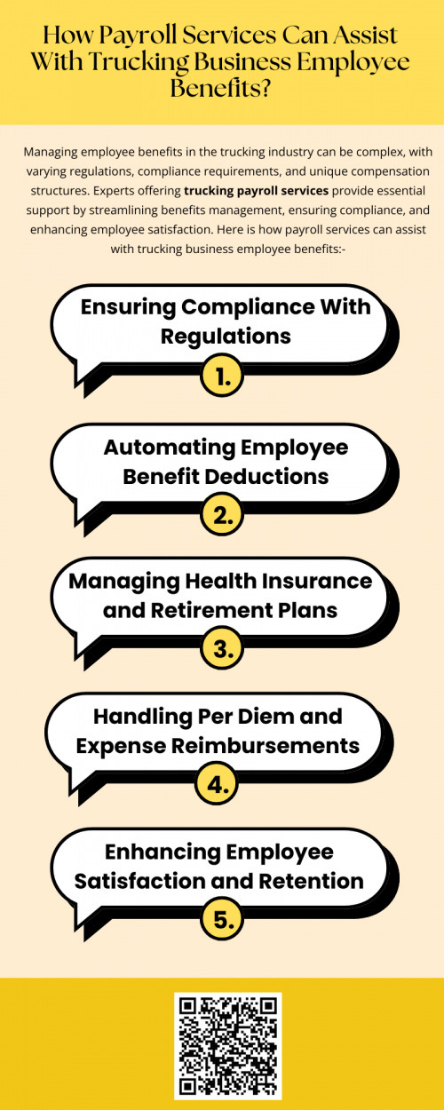 Payroll services play a crucial role in managing employee benefits for trucking companies. From ensuring compliance and automating deductions to managing health insurance and retirement plans, these services streamline operations and reduce administrative burdens. By partnering with experts offering trucking payroll services, businesses can provide competitive benefits packages, improve employee satisfaction, and focus on growth while maintaining compliance with industry regulations. To know more visit here https://www.truckersprocpa.ca/trucking-payroll-services