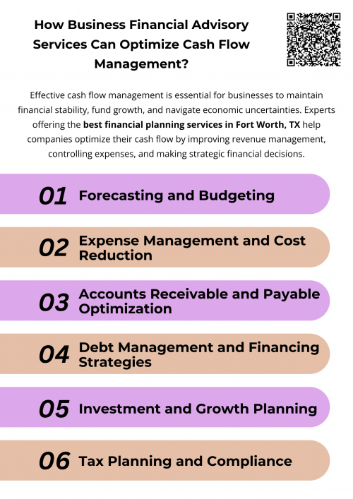 Experts offering the best financial planning services in Fort Worth, TX play a vital role in optimizing cash flow management by providing strategic insights and actionable solutions. From forecasting and cost management to debt structuring and tax planning, these services help businesses maintain liquidity, reduce financial risks, and achieve long-term stability. By leveraging expert financial advice, companies can enhance cash flow efficiency and position themselves for sustainable success. To know more visit here https://www.alignedwealthadv.com/financial-planning-fort-worth-tx
