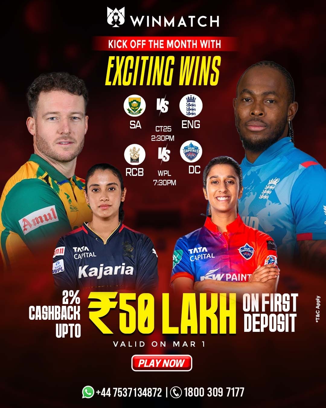 ???? Kick off the month with Winmatch360 and experience thrilling cricket action! ???? <br />
SA vs ENG & RCB vs DC – big matches, bigger rewards! ???? <br />
Get up to ₹50 Lakh on your first deposit and 2% cashback on Winmatch. <br />
Don't miss out—Play Now at www.winmatch360.com and be part of the ultimate gaming excitement on Winmatch 360! ????