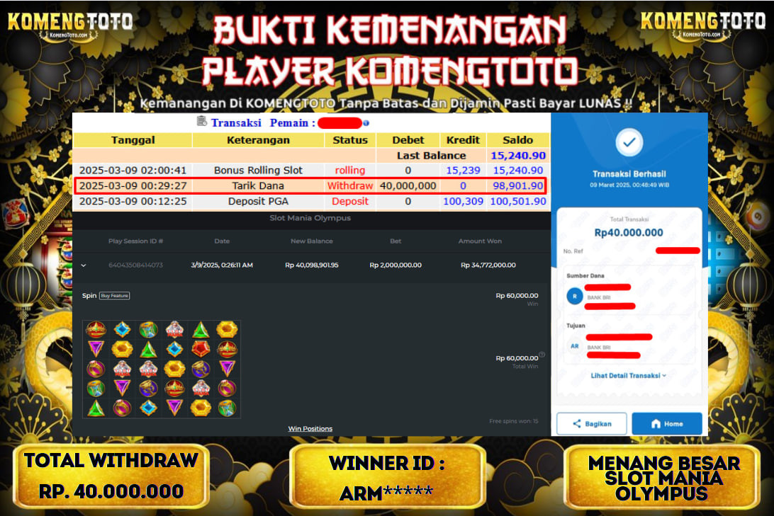 LAGI & LAGI!! KEMENANGAN BESAR DI SLOT SLOT MANIA OLYMPUS SEBESAR Rp.40.000.000 KOMENGTOTO BAYAR LUNAS SECEPAT KILAT !! KOMENGTOTO BAYAR SECEPAT KILAT !!