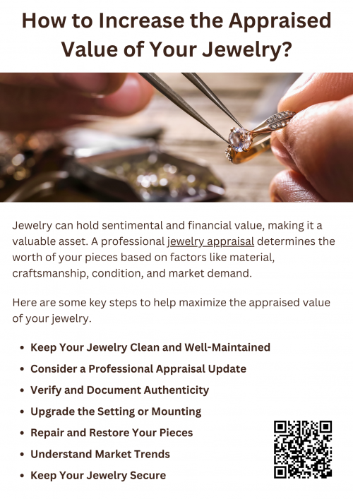To increase the appraised value of your jewelry, keep it clean, well-maintained, and in good condition. Repair any damage, verify authenticity with certifications, and upgrade settings if needed. Stay informed about market trends and get regular jewelry appraisal updates. Proper storage and security also help preserve value, ensuring your pieces remain a valuable asset for resale, insurance, or investment. To know more visit here https://www.futerbrosjewelers.com/services/jewelry-appraisals