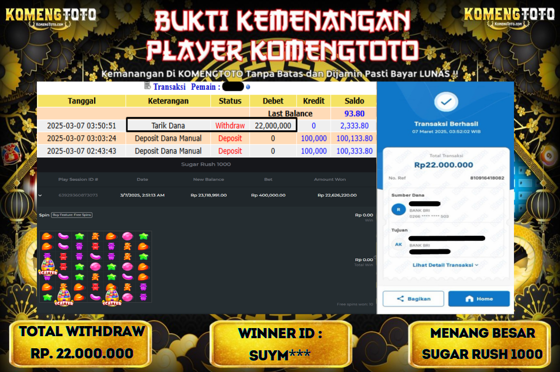 LAGI & LAGI!! KEMENANGAN BESAR DI SLOT  SUGAR RUSH 1000 SEBESAR Rp.22.000.000 KOMENGTOTO BAYAR LUNAS SECEPAT KILAT !! KOMENGTOTO BAYAR SECEPAT KILAT !!