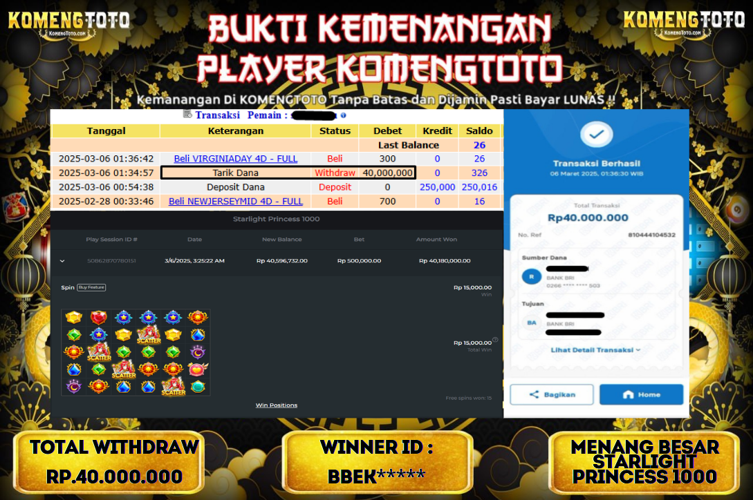 LAGI & LAGI!! KEMENANGAN BESAR DI SLOT  STARLIGHT PRINCES 1000 SEBESAR Rp.40.000.000 KOMENGTOTO BAYAR LUNAS SECEPAT KILAT !! KOMENGTOTO BAYAR SECEPAT KILAT !!
